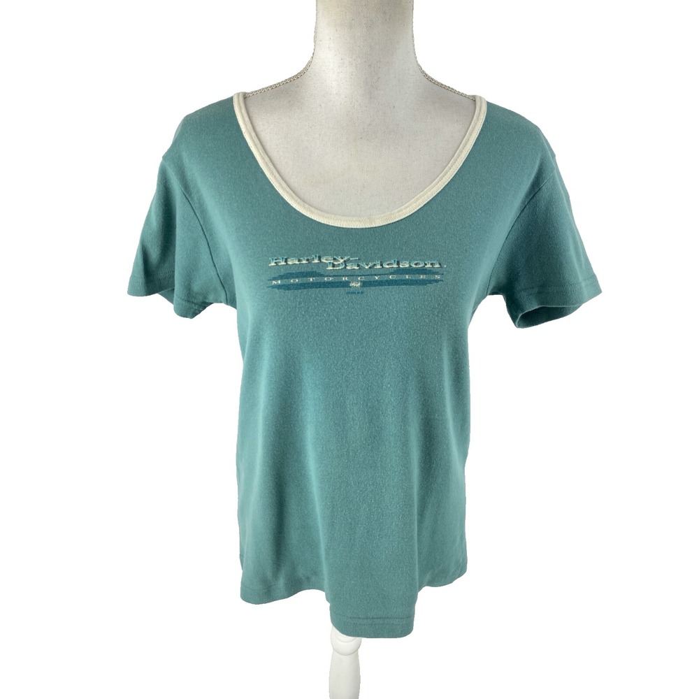 Harley Davidson Womens 90s Vtg Scoop Neck Graphic Tee Motorcycle WI McCoys